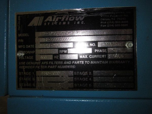 Model Plate for AirFlow Systems DTH-1700 Used Downdraft Table