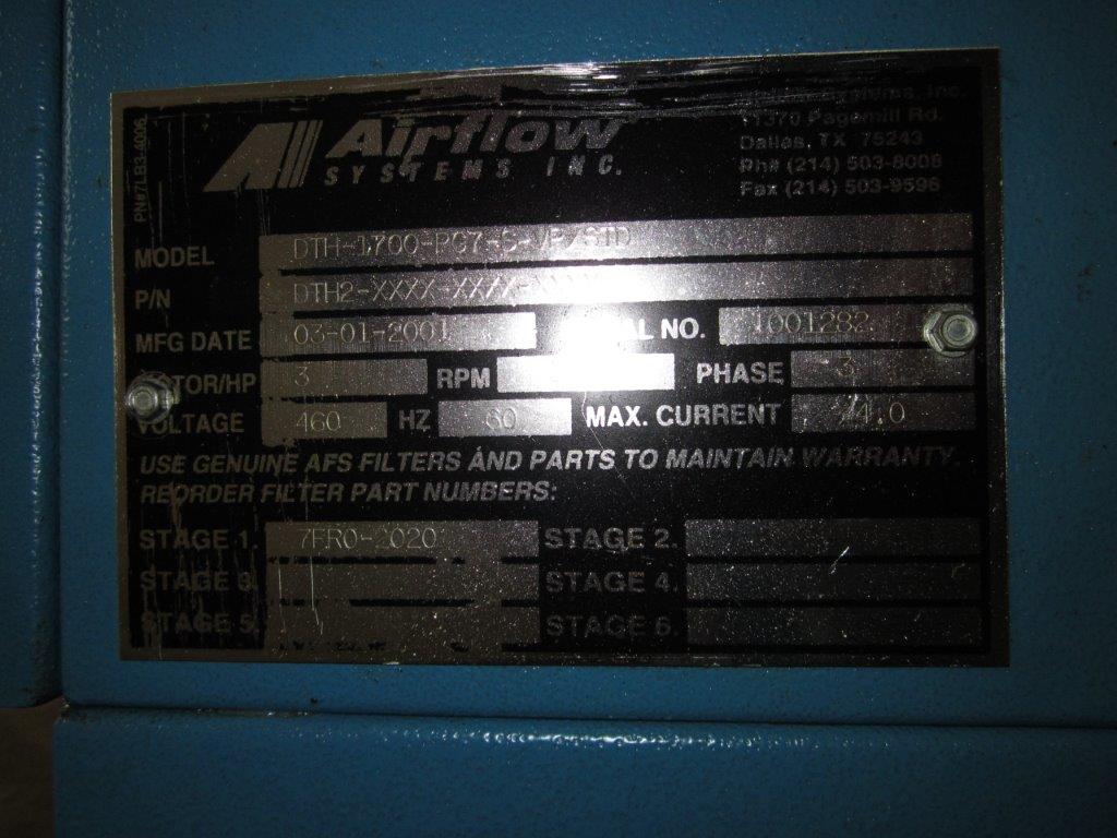 AirFlow Systems DTH-1700 (1,150 CFM) Used Downdraft Table 